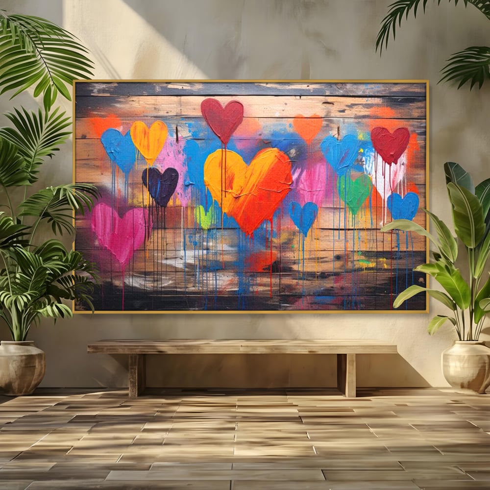 Tablou canvas cu tablou cu inimi colorate pe scanduri, in rama de aluminiu auriu